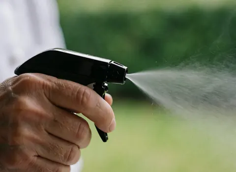 Gros plan d'une main tenant un vaporisateur qui pulvérise un liquide nettoyant sur un fond vert, adapté aux services de nettoyage de vitrines.