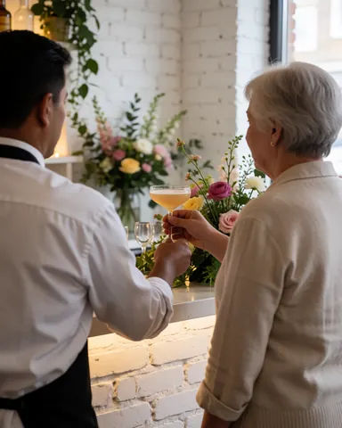 Un barman sert un cocktail à une cliente dans un bar avec un mur de briques blanches et des fleurs fraîches.