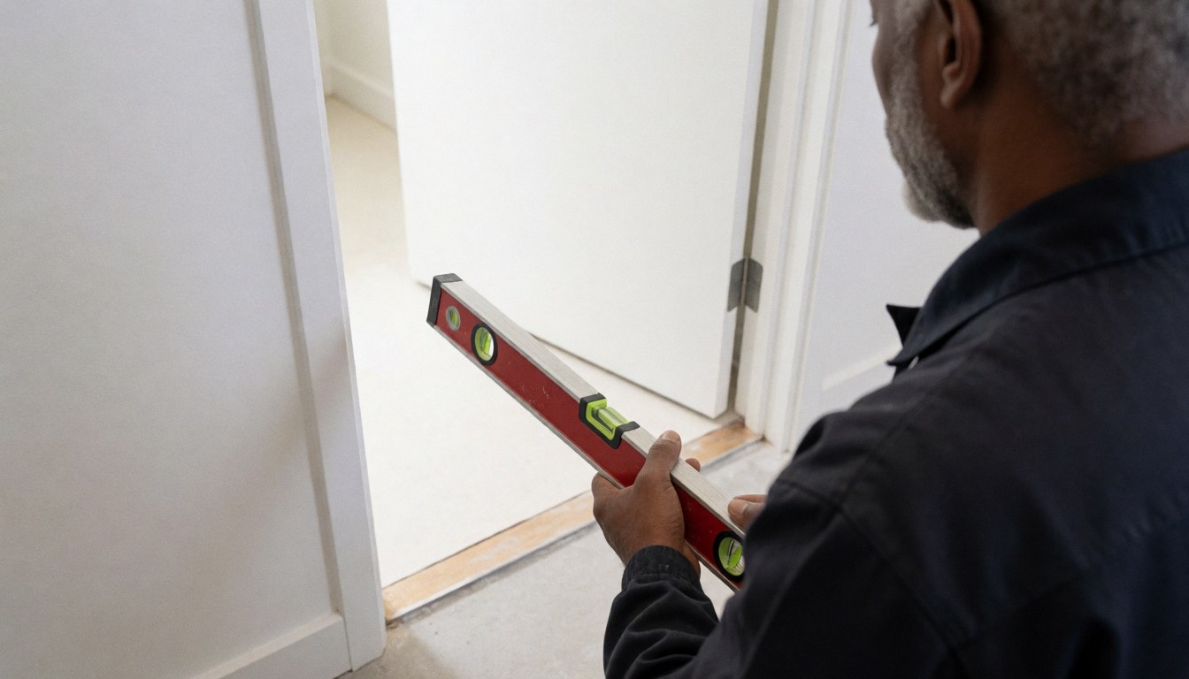 Un ouvrier pose un niveau sur le seuil d'une porte dans une salle de bain en rénovation, avec des murs blancs et un sol propre.