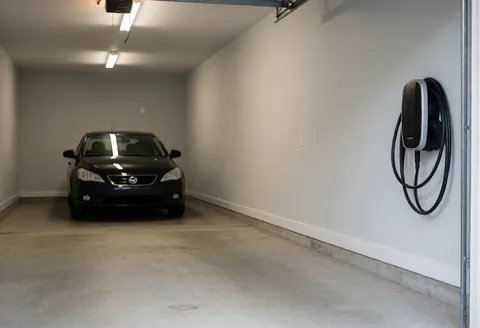 Garage résidentiel moderne avec chargeur électrique mural et véhicule stationné, illustrant les services d'électricien pour la maison.