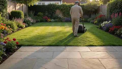 Un homme utilise une tondeuse à gazon dans un jardin résidentiel avec des fleurs et un sol en pierre, illustrant un service de jardinage professionnel en action.