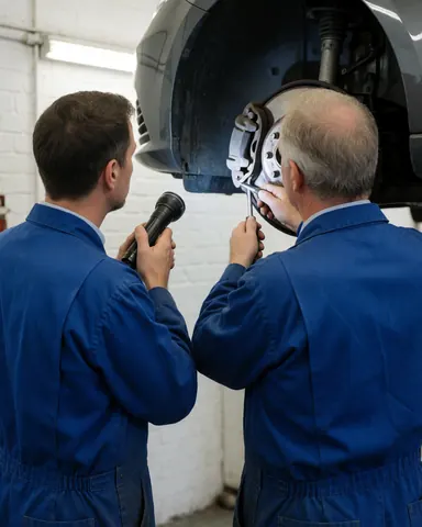Deux mécaniciens en uniforme bleu travaillent ensemble sur le système de freinage d'un véhicule élevé dans un atelier aux murs de briques blanches.
