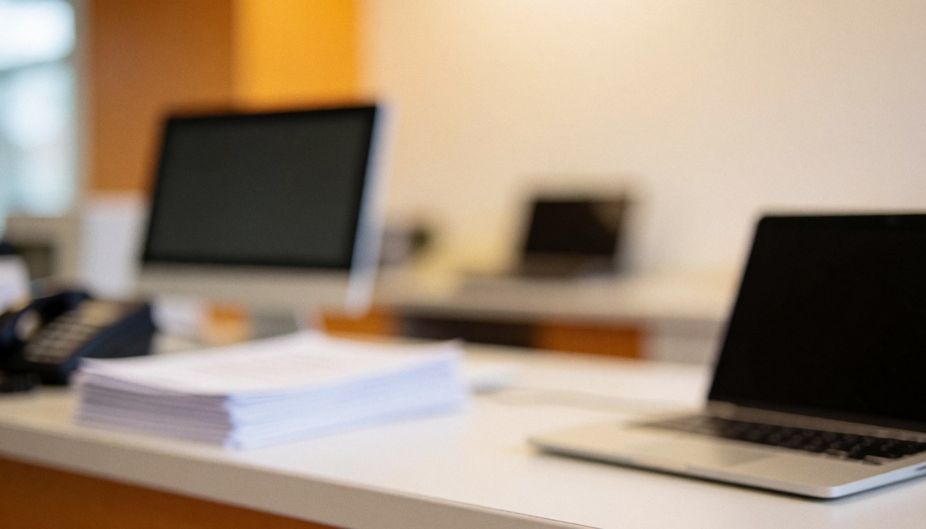 Arrière-plan professionnel avec ordinateurs, papiers et une table propre, idéal pour du texte dans un bureau moderne.