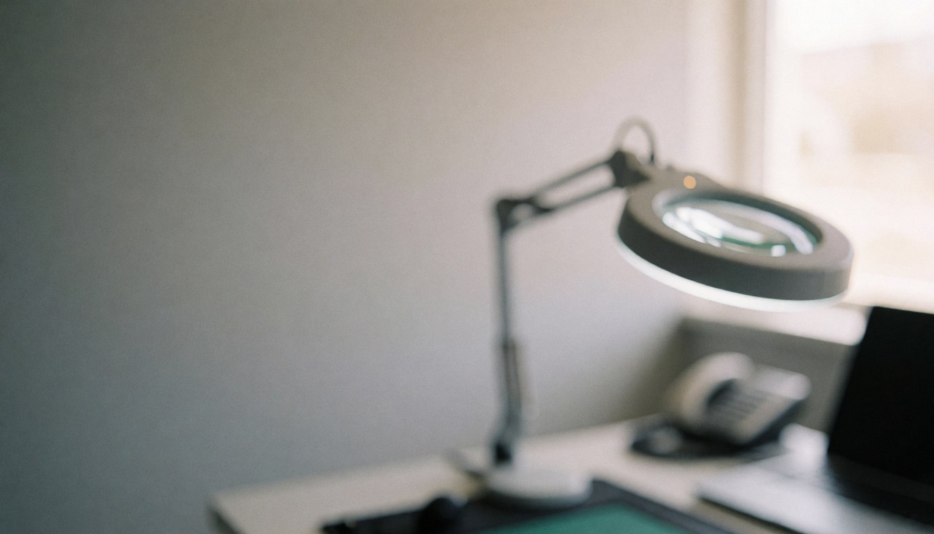 Loupe de travail sur une table de réparation avec tapis antistatique, éclairage doux et fond professionnel pour services de réparation d'ordinateurs.