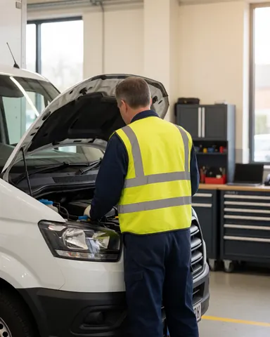 Un technicien de transport examine le moteur d'un camion blanc dans un atelier bien éclairé avec des outils organisés sur des étagères.