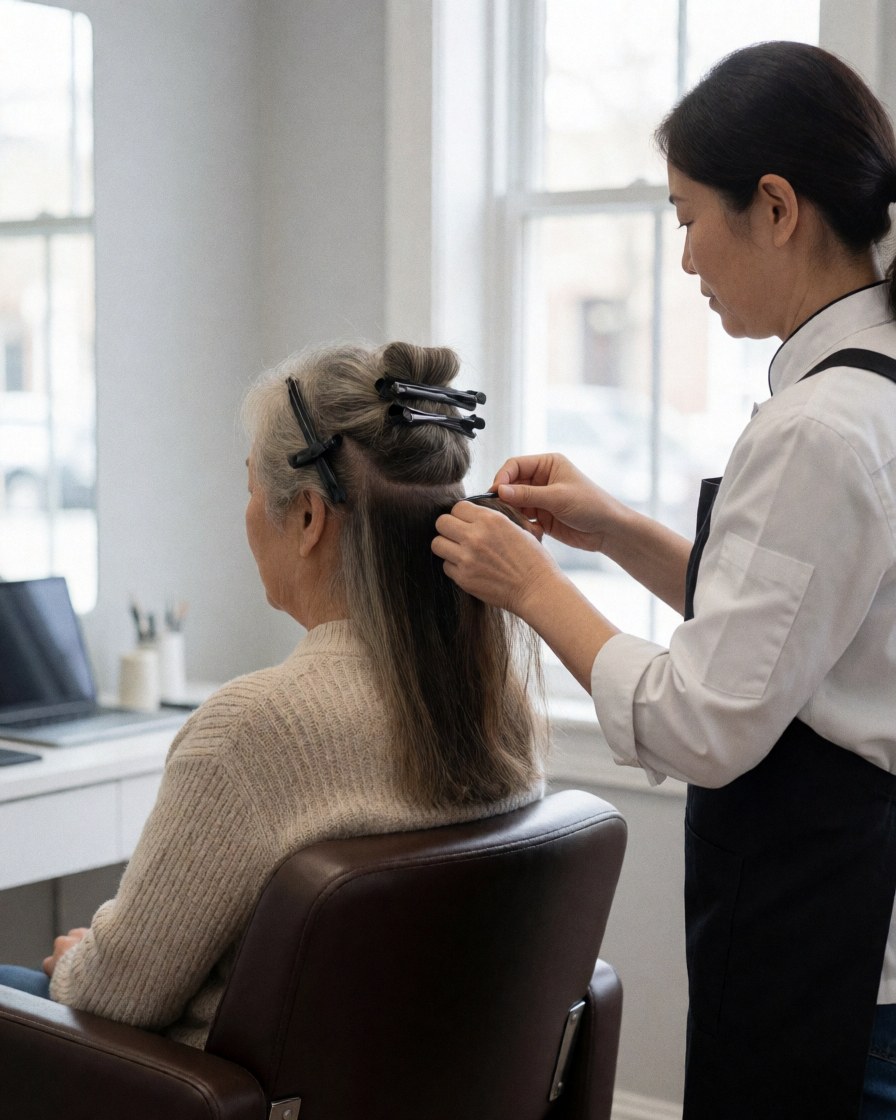 Un coiffeur ajuste des extensions de cheveux sur un client assis dans un salon lumineux aux murs clairs.
