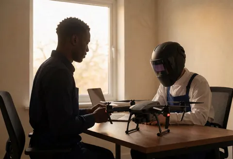 Un drone éducatif repose sur une table en bois près d'une fenêtre, tandis qu'une personne le vérifie, idéal pour un atelier de robotique.