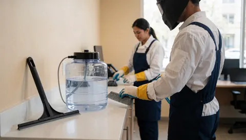 Un employé effectue le nettoyage de vitres à l'aide d'une raclette et d'un réservoir d'eau dans un bureau moderne aux murs beige.