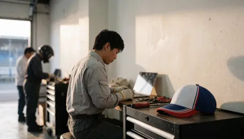 Un ouvrier en atelier utilise un ordinateur portable, des outils et un casque de soudeur, avec des murs d'atelier éclairés par la lumière matinale.