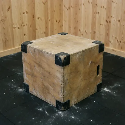 Boîte de saut en bois avec coins noirs dans un gymnase au sol noir et aux murs en bois clair, avec de la poussière blanche dispersée.