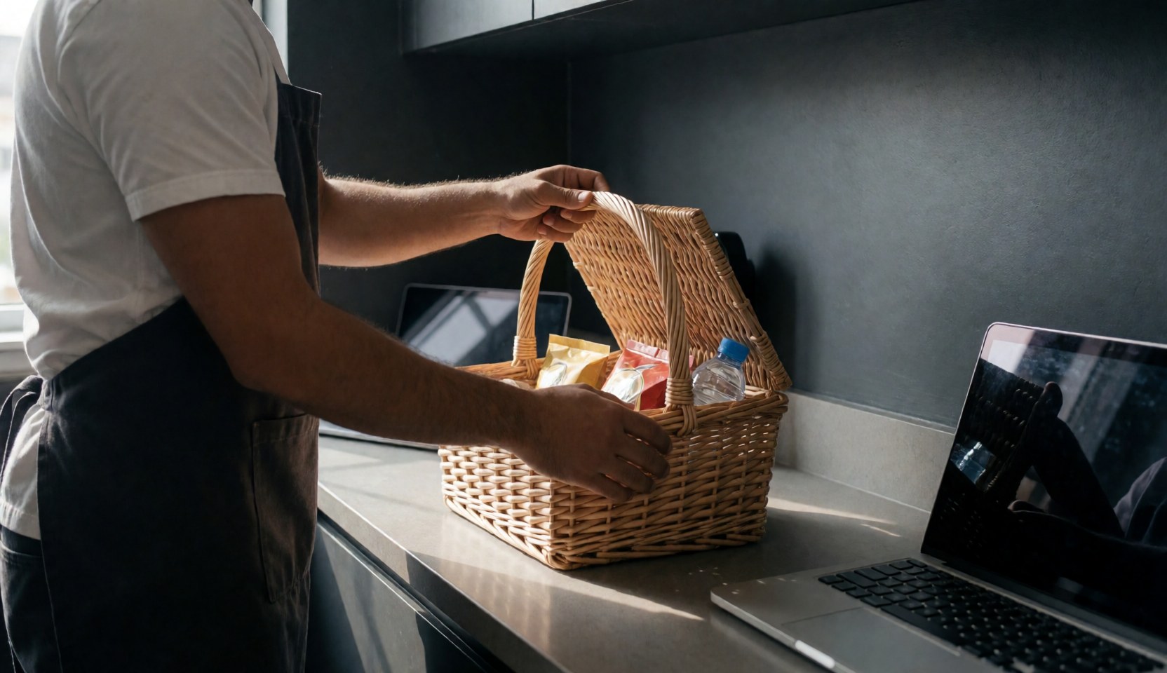 Un homme ouvre une corbeille en osier contenant des snacks et de l'eau dans une cuisine moderne aux murs gris, idéale pour une maison de vacances.
