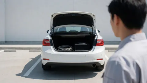 Un technicien installe un système audio dans le coffre d'une voiture blanche sur un parking, avec des câbles et un subwoofer visibles.