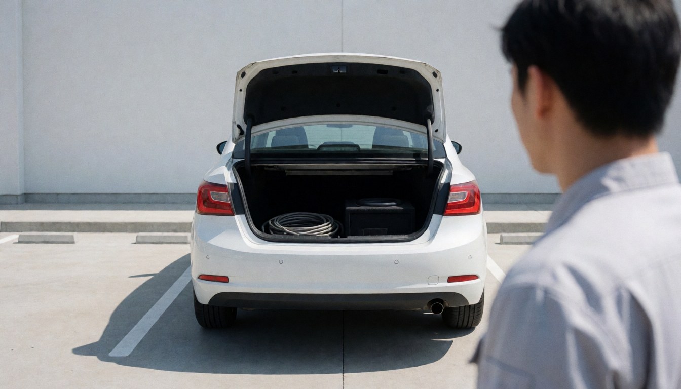 Un technicien installe un système audio dans le coffre d'une voiture blanche sur un parking, avec des câbles et un subwoofer visibles.