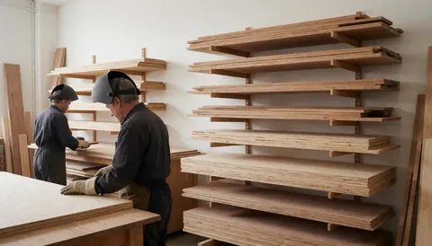 Deux charpentiers portant des casques de sécurité manipulent des planches de bois dans un atelier bien éclairé avec des étagères en bois.