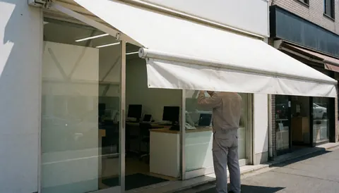 Un ouvrier ajuste un auvent blanc déployé au-dessus d'une façade vitrée, sous un soleil éclatant, pour un service professionnel en extérieur.