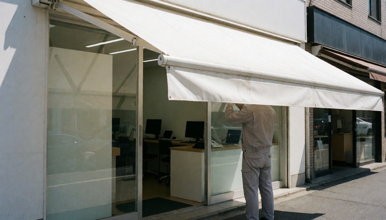 Un ouvrier ajuste un auvent blanc déployé au-dessus d'une façade vitrée, sous un soleil éclatant, pour un service professionnel en extérieur.
