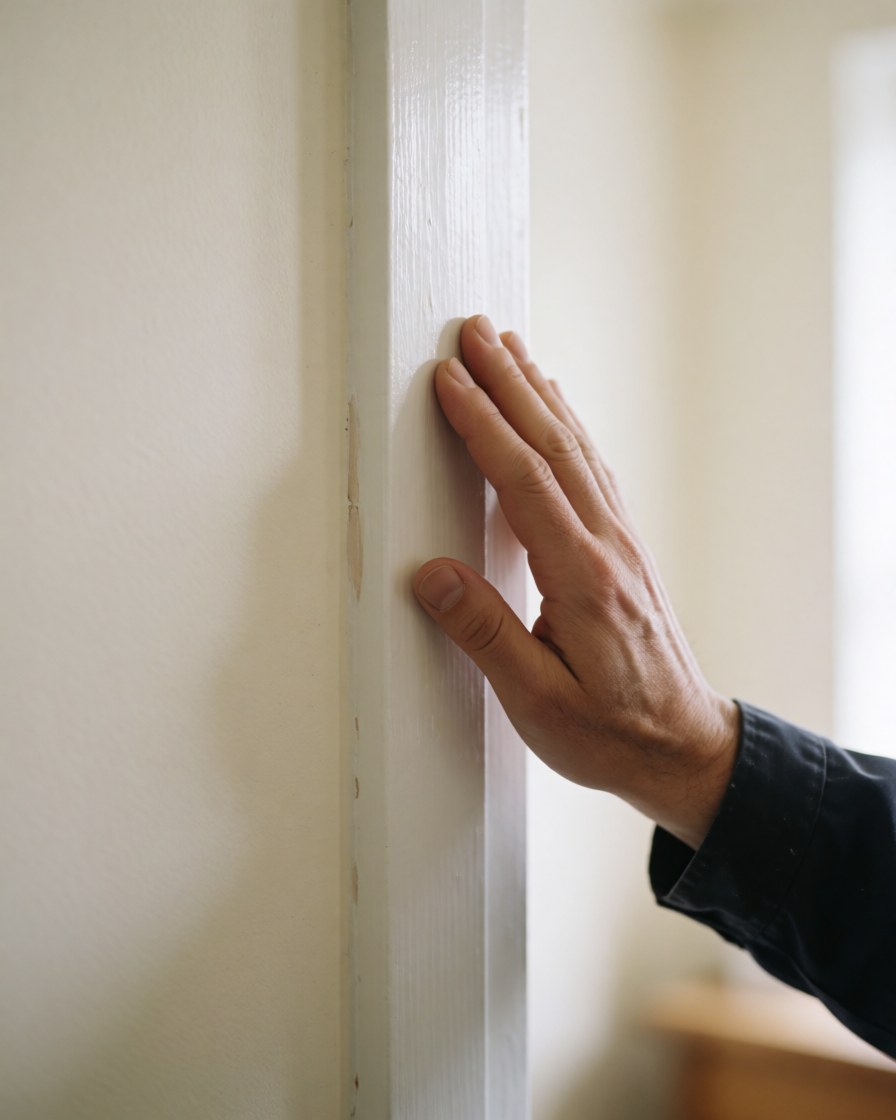 Main d'adulte touchant le cadre d'une porte blanche fraîchement peinte, murs couleur crème, lumière naturelle, détail de la finition de l'installation de portes.