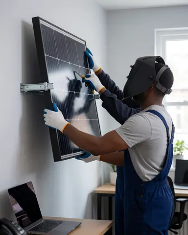 Technicien en tenue de sécurité monte un panneau solaire sur support métallique dans un bureau équipé d'un ordinateur et d'une fenêtre.