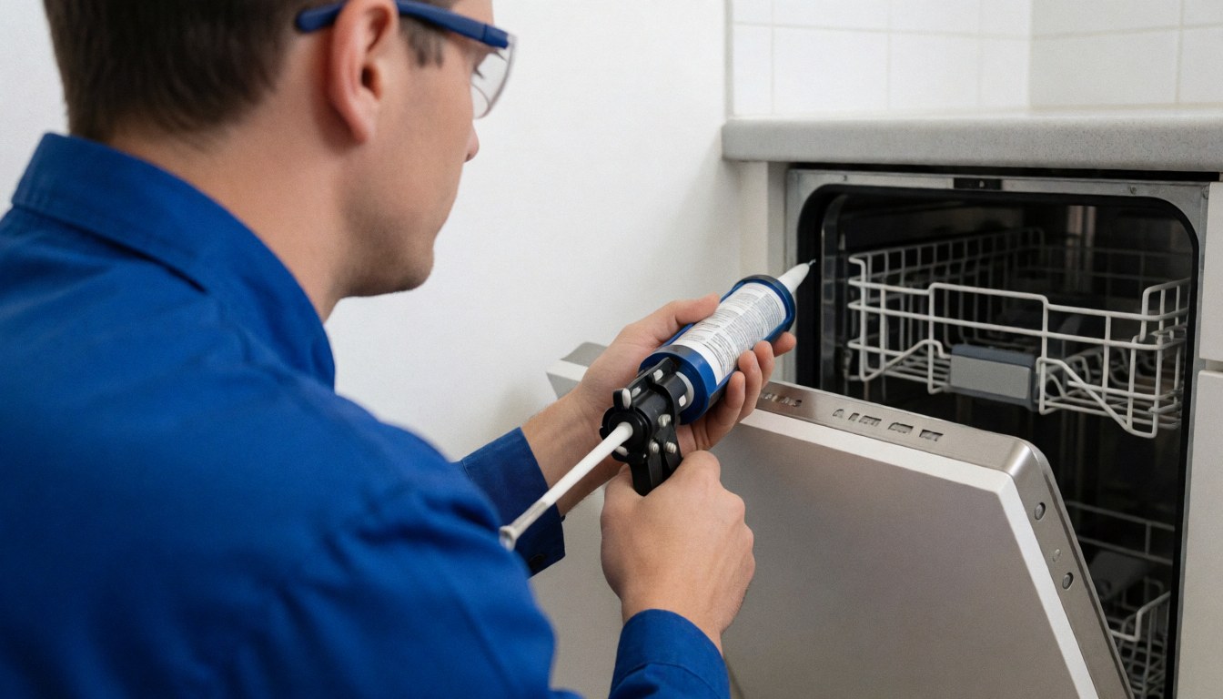 Technicien en uniforme bleu appliquant du mastic sur la porte d'un lave-vaisselle dans une cuisine moderne lors d'une intervention de réparation