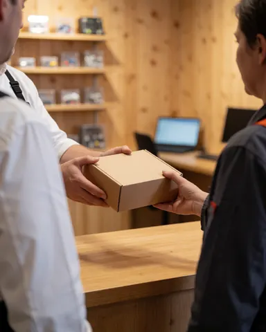 Un instructeur tend une boîte en carton contenant un kit robotique à un client satisfait dans un atelier rempli d'étagères de composants et de murs en bois clair.