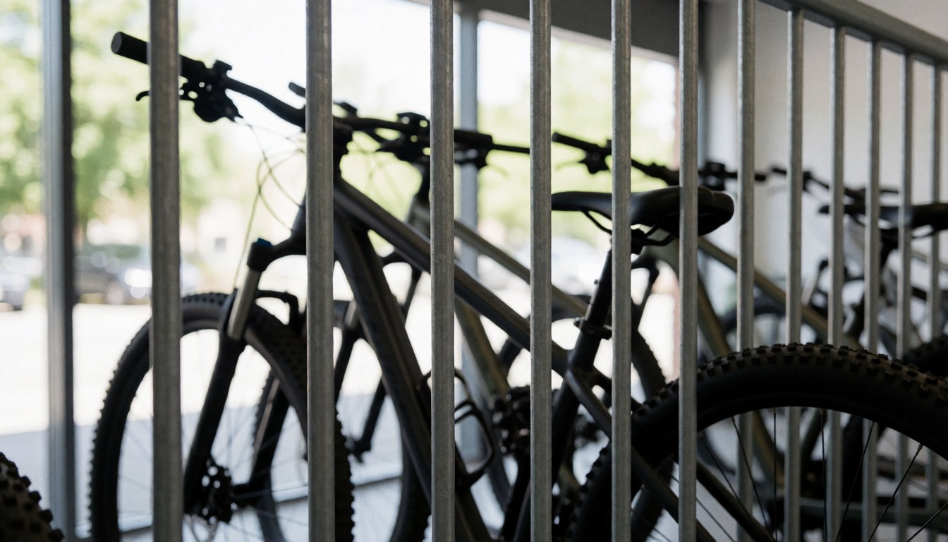 Fond industriel montrant des vélos de montagne stationnés derrière des grilles métalliques, adapté comme arrière-plan textuel pour un service de coaching en cyclisme.