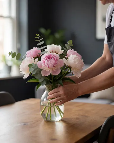 Des mains ajustent un bouquet de pivoines dans un vase en cristal posé sur une table en bois, avec des murs gris et une lumière naturelle.