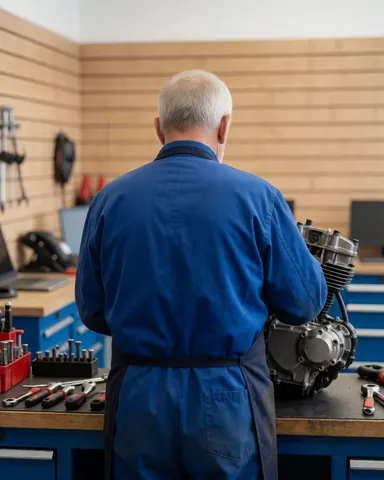 Mécanicien en tablier bleu travaillant sur un moteur de moto dans un atelier aux murs en bois avec des outils organisés.