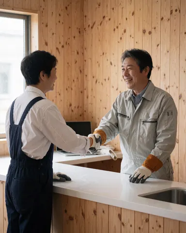 Un technicien et un client se serrent la main dans un atelier aux murs en bois avec une cuisinière visible en arrière-plan.