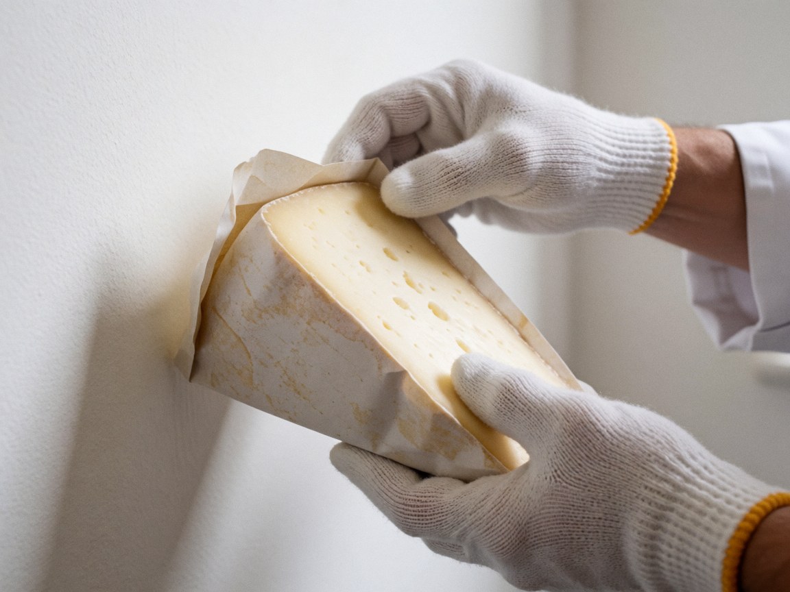 Des mains gantées de blanc ajustent un fromage blanc troué enveloppé dans du papier tacheté sur un fond blanc, pour un hébergement rural.