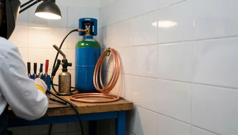 Technicien réparant un réfrigérateur avec un tube en cuivre et une bouteille d'azote dans un atelier aux murs carrelés de blanc.