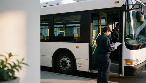 Conducteur en uniforme vérifiant une liste à la porte d'un bus blanc stationné dans la rue, éclairé par la lumière du matin.