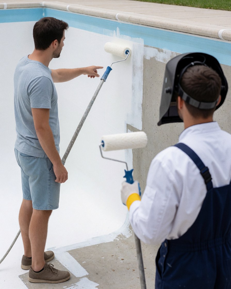 Un client examine la membrane blanche fraîchement appliquée sur le mur de la piscine pendant qu'un technicien la peint au rouleau pour assurer l'étanchéité.