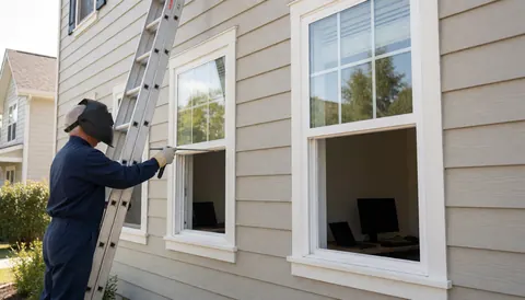 Un technicien effectue une réparation sur une fenêtre résidentielle en utilisant une échelle et des outils sur une façade entretenue.