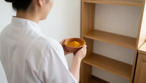 Un professionnel de dos tient un bol jaune de turmera sur une étagère en bois devant un mur blanc dans un cadre de massage ayurvédique.