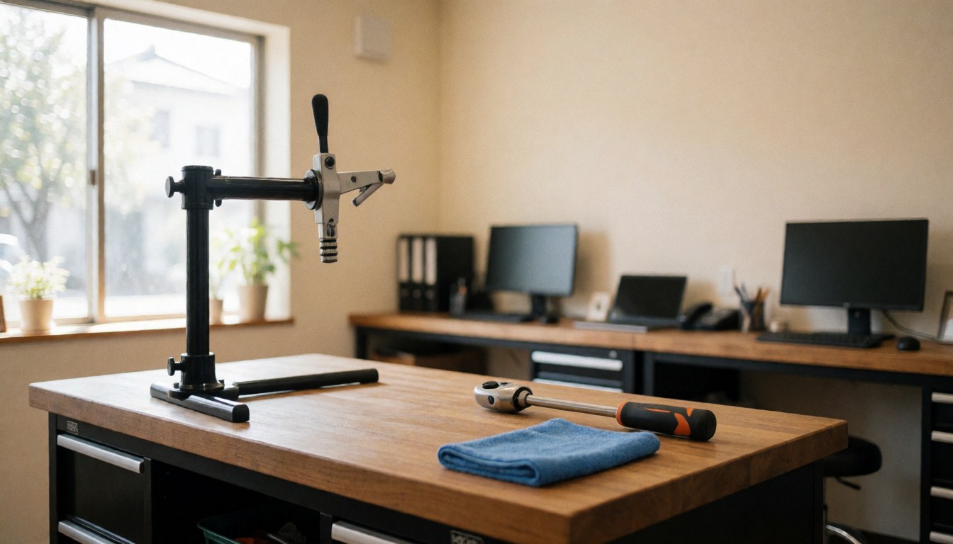 Support noir pour vélo posé sur une table en bois, accompagné d'une serviette bleue et d'une clé dynamométrique dans un atelier bien éclairé par la lumière naturelle.