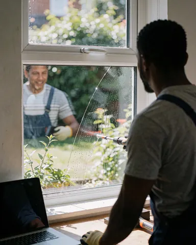 Un homme portant des gants nettoie une fenêtre avec un outil, un client souriant se reflète dans le jardin, illustrant un service de nettoyage de vitres en action.