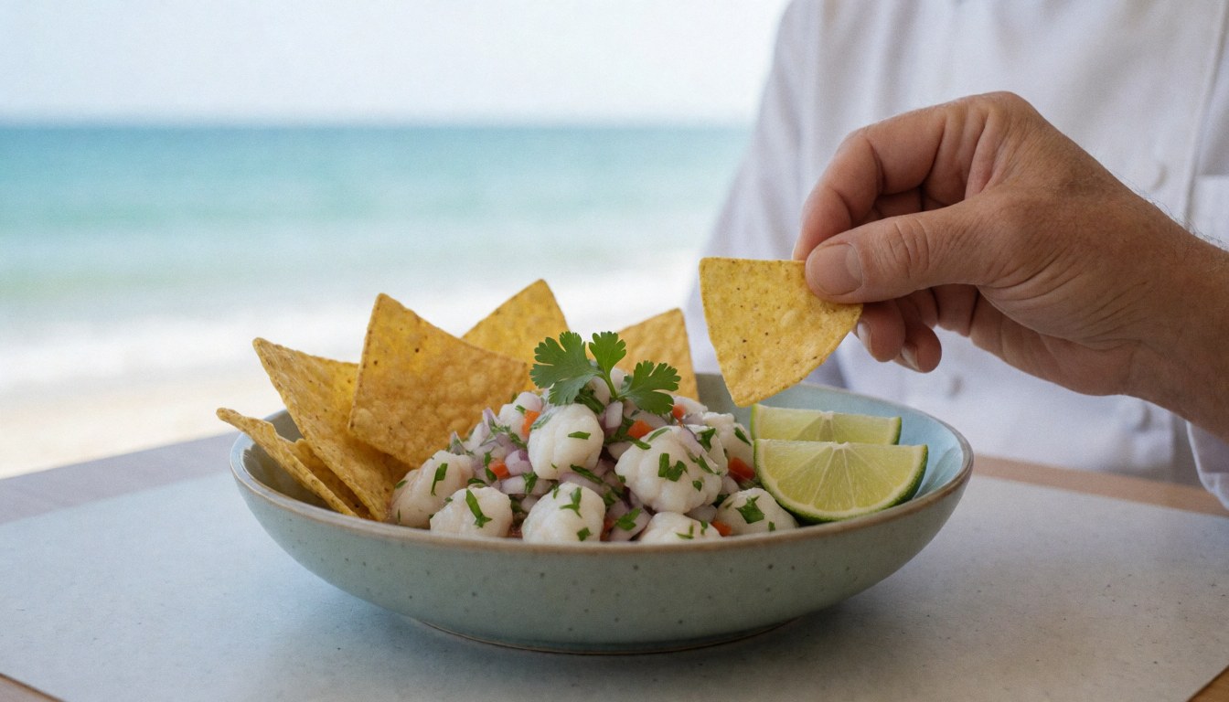 Bol de ceviche de poisson blanc accompagné de totopos, coriandre fraîche et quartiers de citron, posé sur une table avec une vue imprenable sur l'océan, idéal pour un resort touristique.