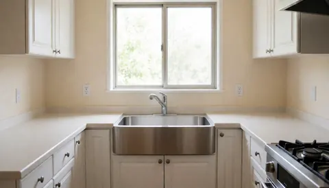 Cuisine moderne avec évier en acier inoxydable sous une fenêtre, armoires blanches et murs beige, idéale pour un installateur de cuisines.