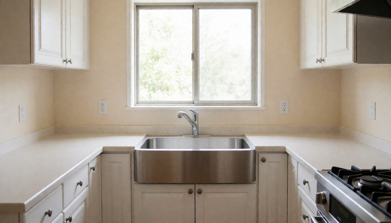 Cuisine moderne avec évier en acier inoxydable sous une fenêtre, armoires blanches et murs beige, idéale pour un installateur de cuisines.