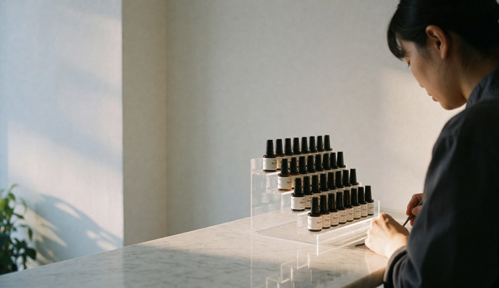Une manucuriste travaille avec des produits pour ongles dans une vitrine en acrylique sur une table en marbre blanc, éclairée par une lumière naturelle chaude.