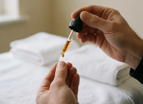 Une main tient un compte-gouttes contenant une goutte de sérum ambré au-dessus de serviettes blanches dans un cadre de soin dermatologique.