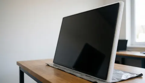 Un écran de télévision neuf placé dans un sac antistatique posé sur une table en bois dans un atelier bien éclairé, prêt pour la réparation.