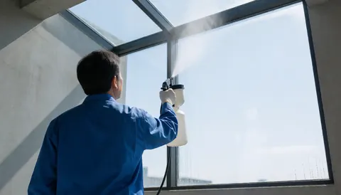 Un professionnel nettoie une grande fenêtre en verre avec un pulvérisateur, éclairé par la lumière du soleil sur des murs en béton, idéal pour une entreprise de nettoyage.