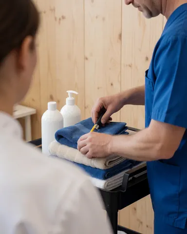 Un thérapeute en uniforme bleu coupe une serviette sur un chariot avec des bouteilles dans une clinique de massage sportif aux murs en bois.