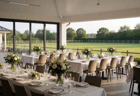 Terrasse d'événement avec longues tables, fleurs et vue sur le domaine équestre, idéale pour les célébrations dans un centre équestre.