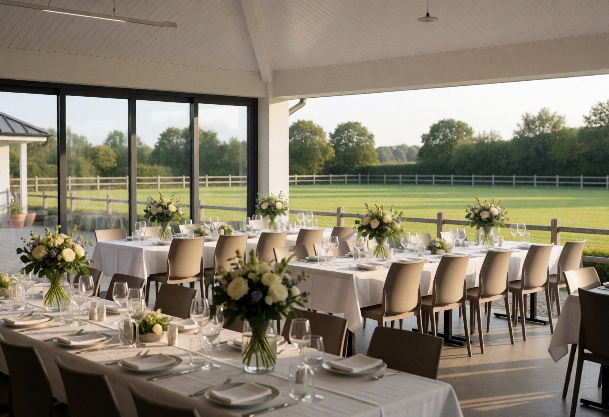 Terrasse d'événement avec longues tables, fleurs et vue sur le domaine équestre, idéale pour les célébrations dans un centre équestre.