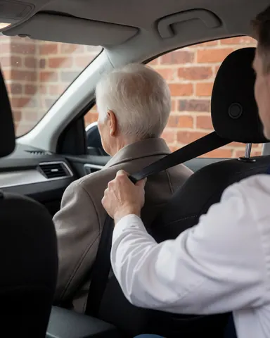 Un chauffeur de VTC aide un passager âgé à attacher sa ceinture de sécurité à l'arrière d'une voiture, illustrant un service personnalisé et attentif.