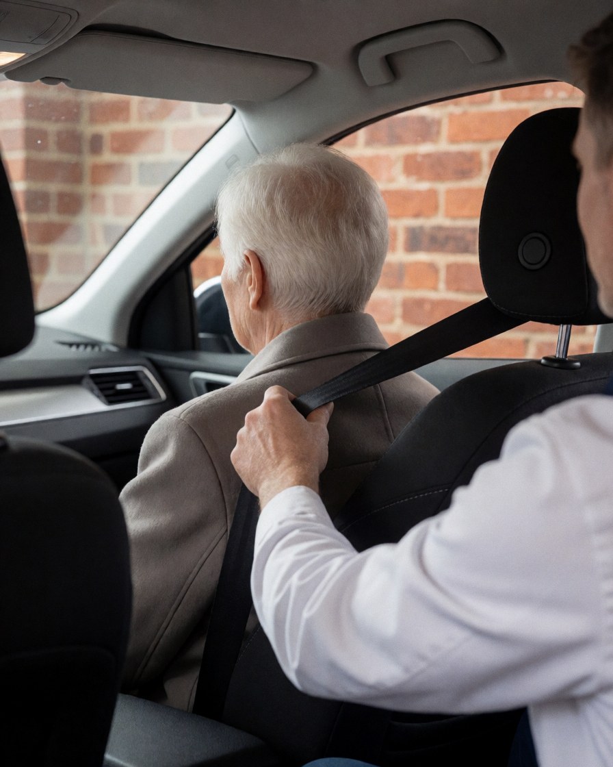 Un chauffeur de VTC aide un passager âgé à attacher sa ceinture de sécurité à l'arrière d'une voiture, illustrant un service personnalisé et attentif.