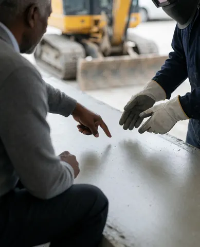 Un client et un travailleur examinent une base en béton nivelée, avec de la machinerie de construction en arrière-plan sur un terrain de tennis.