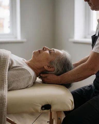 Un thérapeute réalise un massage cervical précis sur un client allongé sur une table de massage dans une pièce aux murs gris et à la lumière naturelle.